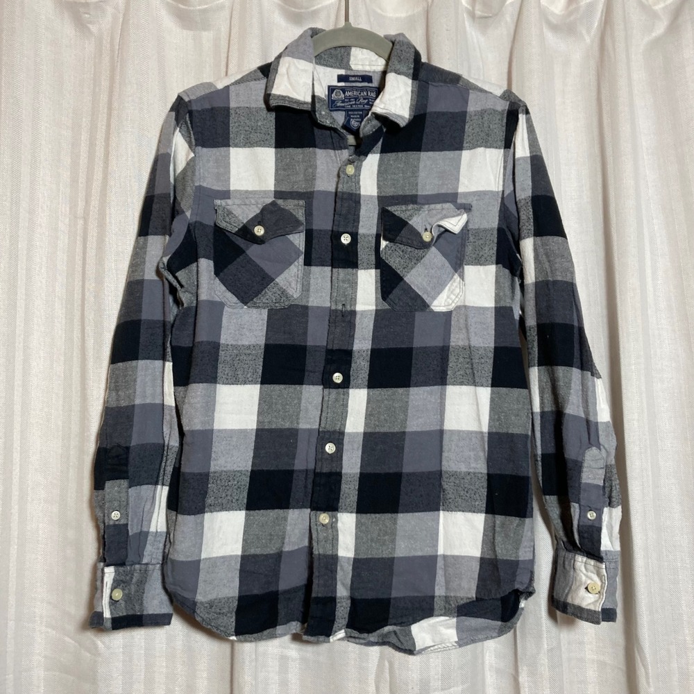 American Rag Mens Small Flannel Shirt Black White Grey Buffalo Plaid Cotton Long
